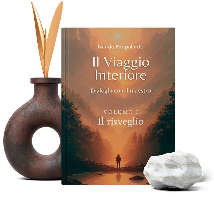 Libro El Viaje Interior con elementos decorativos y sabio meditando.