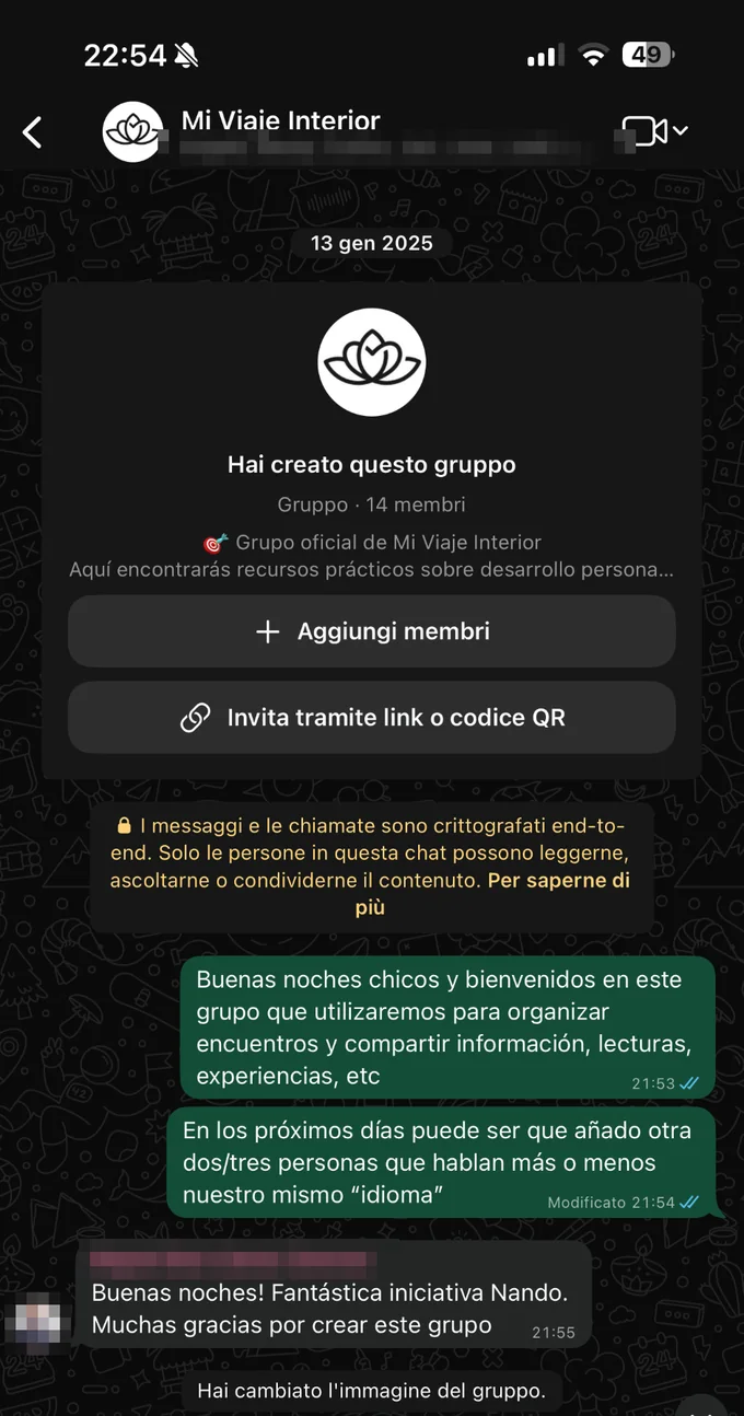 El grupo de WhatsApp en español, creado el 13 de enero de 2025 con catorce personas