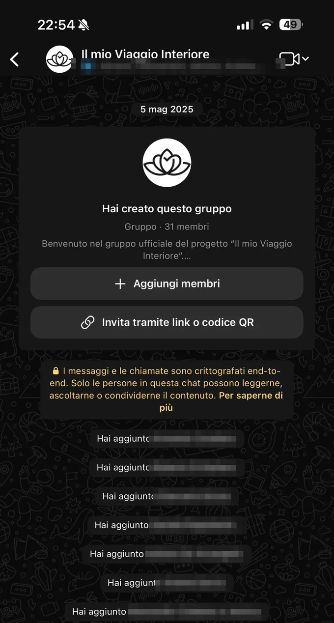 El grupo de WhatsApp en italiano, creado el 5 de mayo de 2025 con treinta y una personas